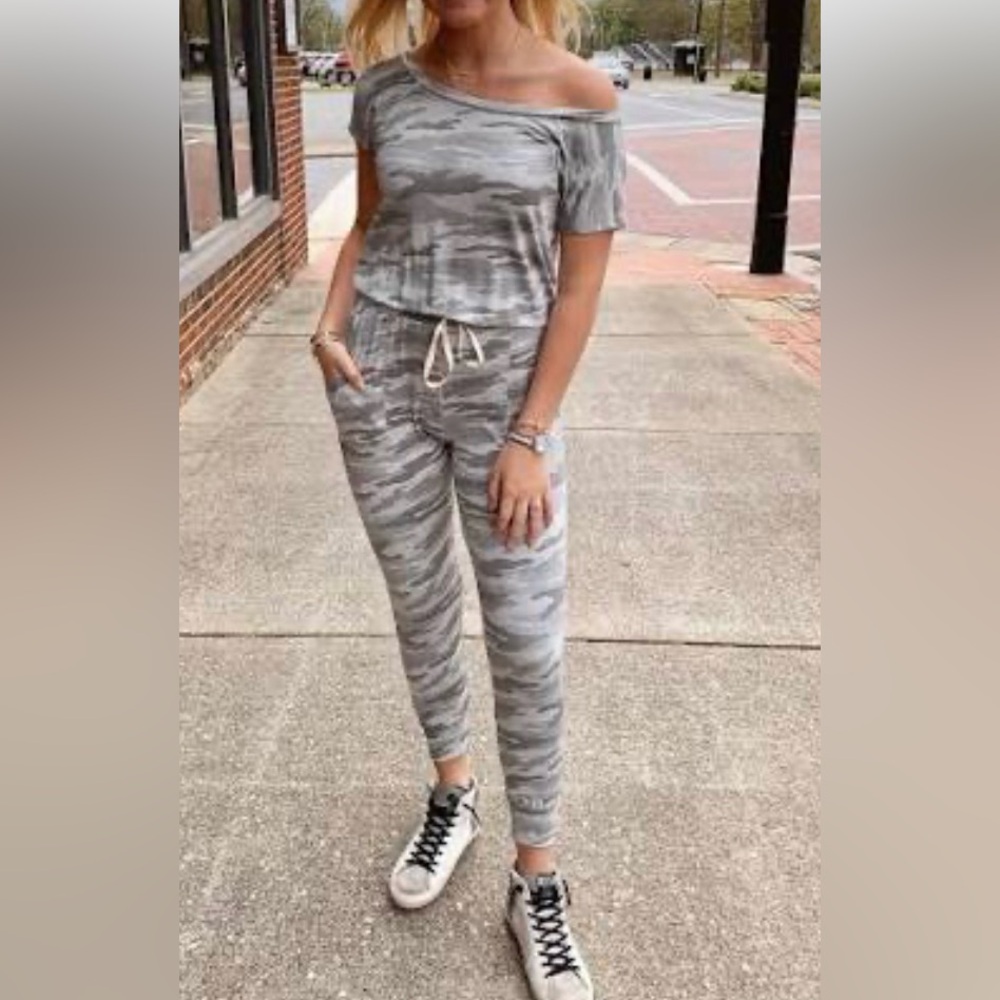 Elan Off-Shoulder Camouflage Jumpsuit